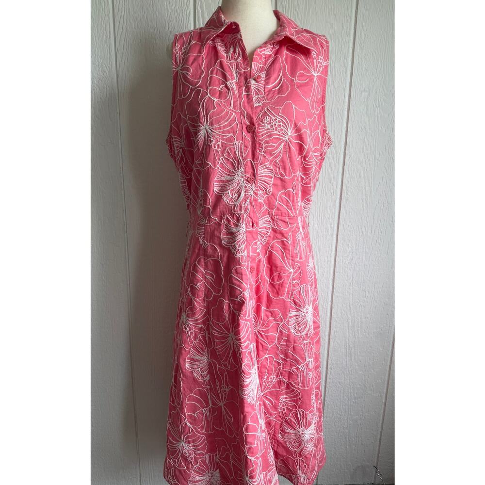 Vintage Liz & Co Pink Floral Embroidered Sleeveless Shirt Dress Size 10
